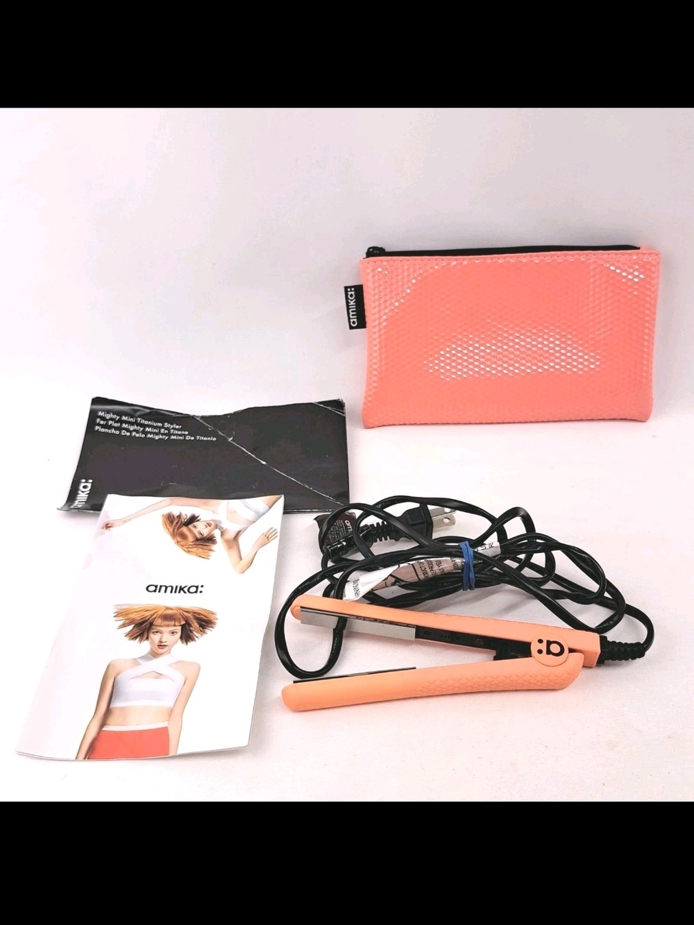 amika Mini Flat Hair Straightener in Coral with Travel Pouch